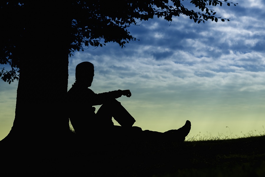 man sitting under a tree at sunset in pensive thought